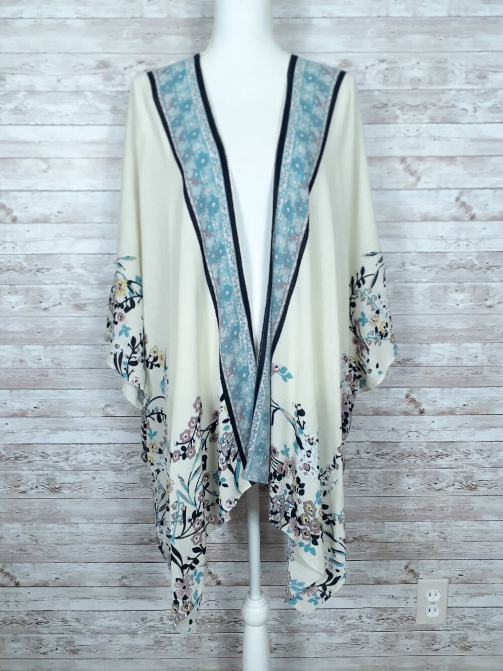 Ana Womens Open Front Kimono One Size Pale Pink Wildflower Blue Trim Beach 955A - Picture 1 of 7